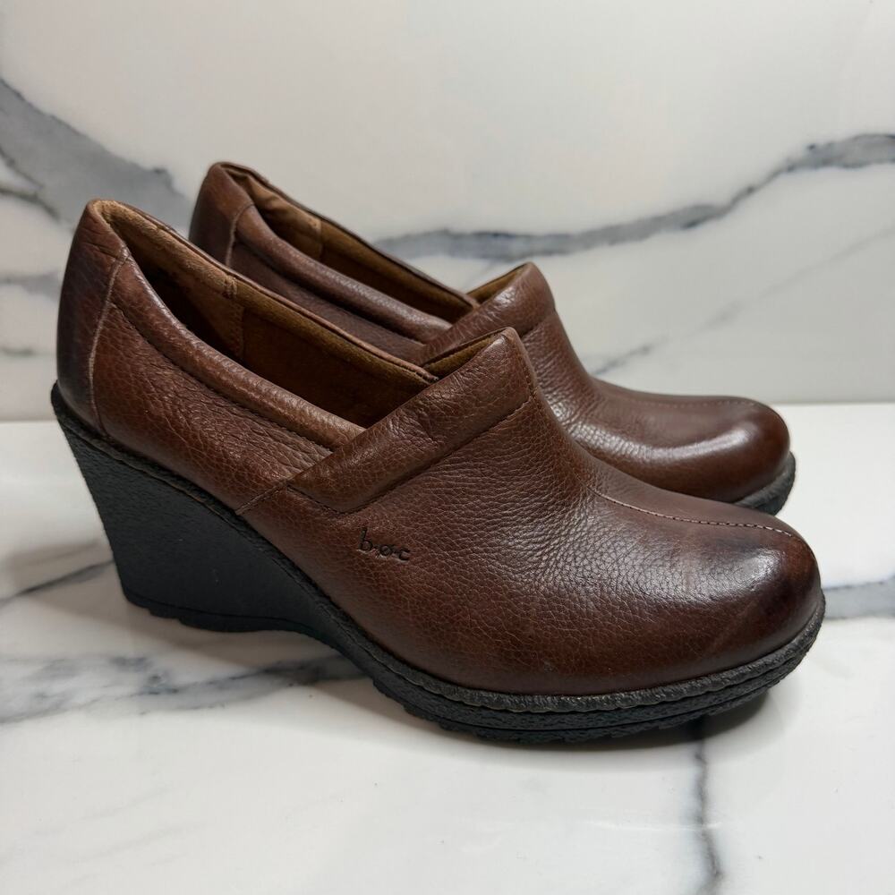 BOC Born Women's Brown Leather Wedge Clogs Sz 7.5 Slip On Comfort Boho Festival
